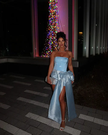 Big Blue Bow Sheath Strapless Satin Short Homecoming Dress Cocktail Dress HZ1023